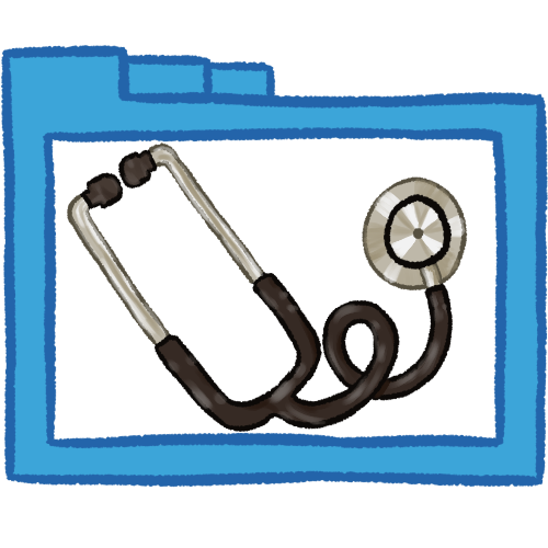 A drawing of a hollow blue folder with thick lines, containing a stethoscope. 